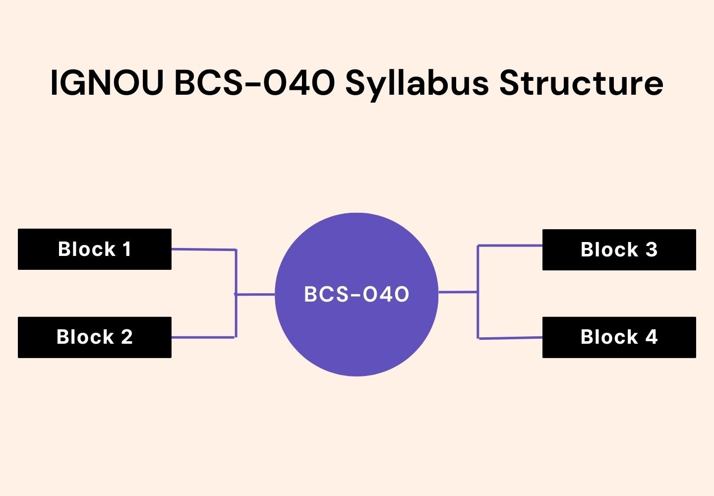 IGNOU BCS-040 syllabus structure diagram showing four study blocks (Block 1, Block 2, Block 3, Block 4) connected to the central BCS-040 Statistical Techniques course overview.