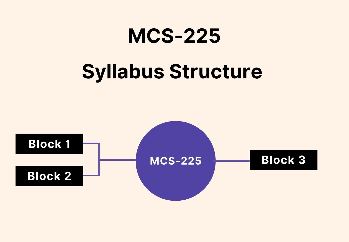MCS-225 syllabus structure showing Block 1 and Block 2 on the left and Block 3 connected to the central MCS-225 course.