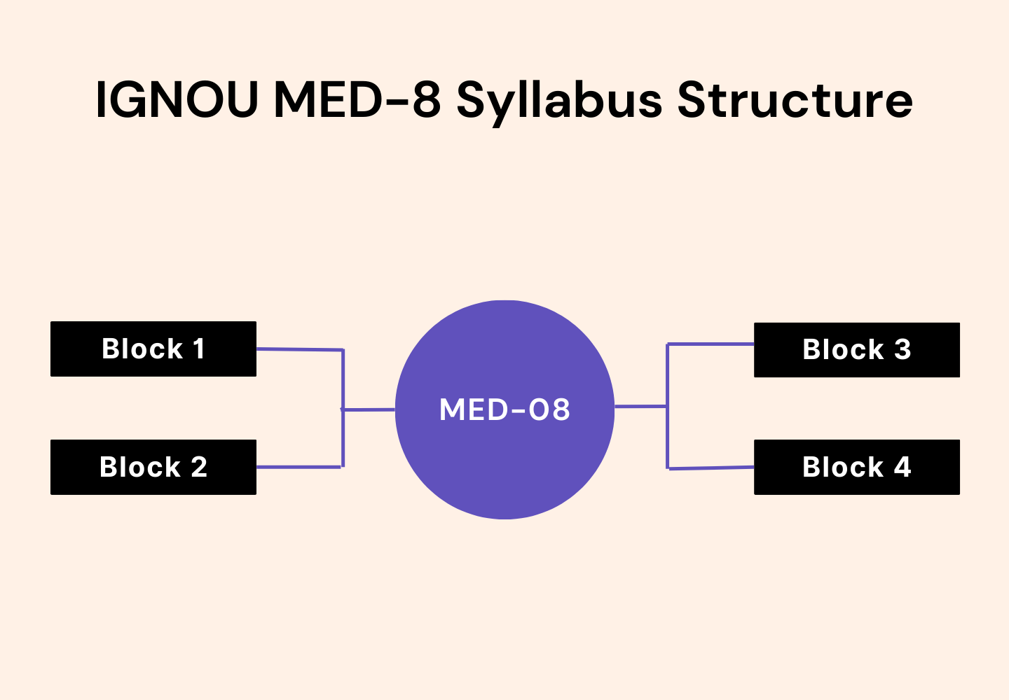 IGNOU MED–8 Syllabus Structure with a central purple circle labeled ‘MED–08’ connected by branching lines to four black rectangular boxes: Block 1 and Block 2 on the left, and Block 3 and Block 4