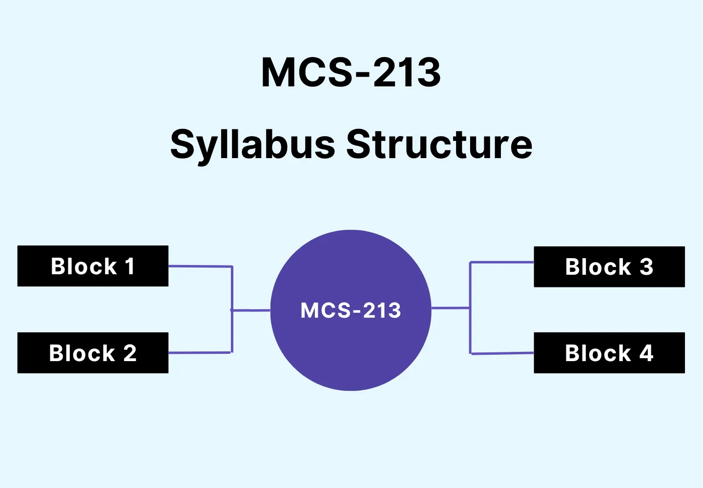 Visual infographic of MCS-213 syllabus structure with a central circle labeled MCS-213 connected to four blocks: Block 1, Block 2, Block 3, and Block 4 on a gradient background.