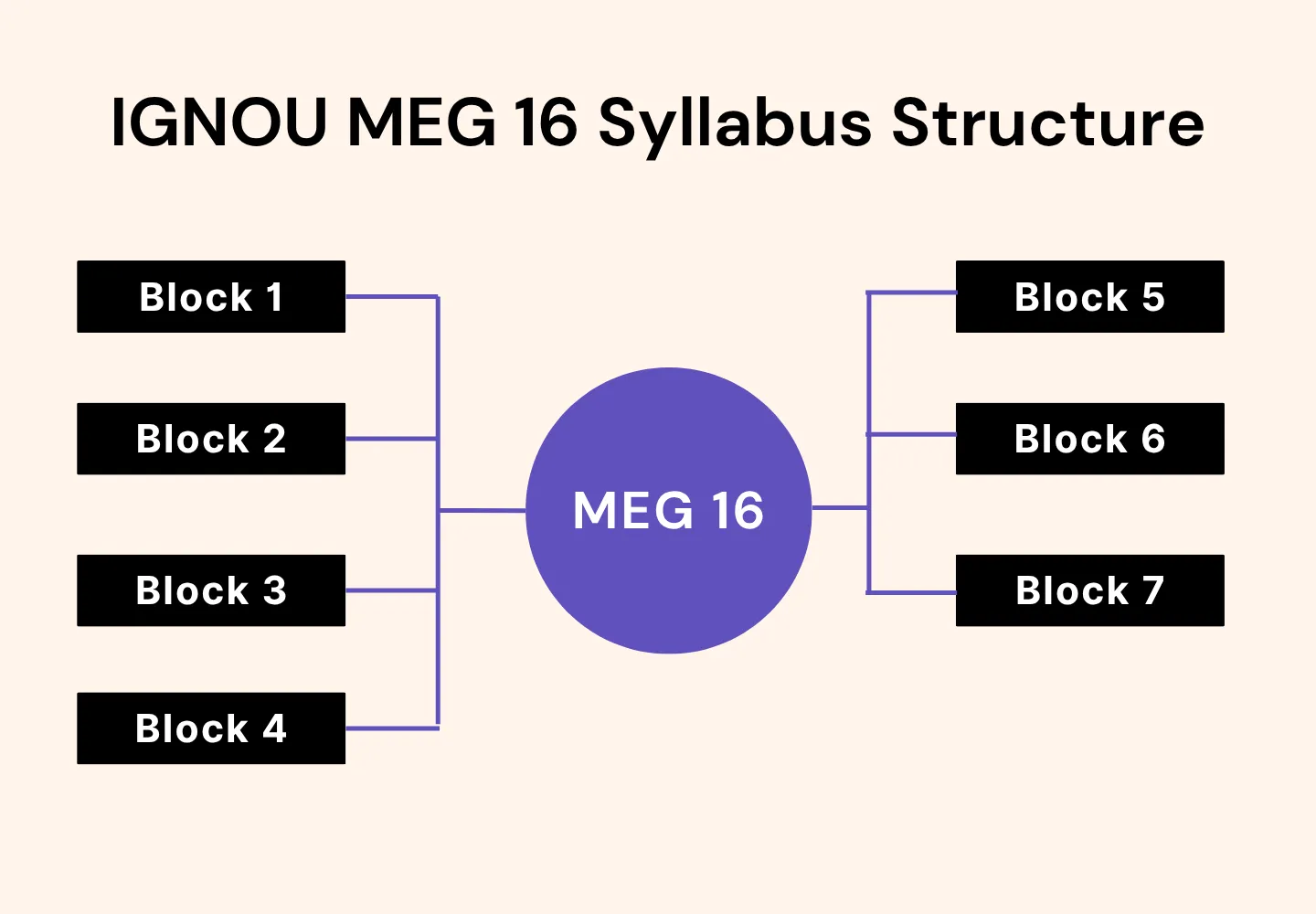 IGNOU MEG-16 syllabus structure diagram, showing a central node connecting to seven blocks.