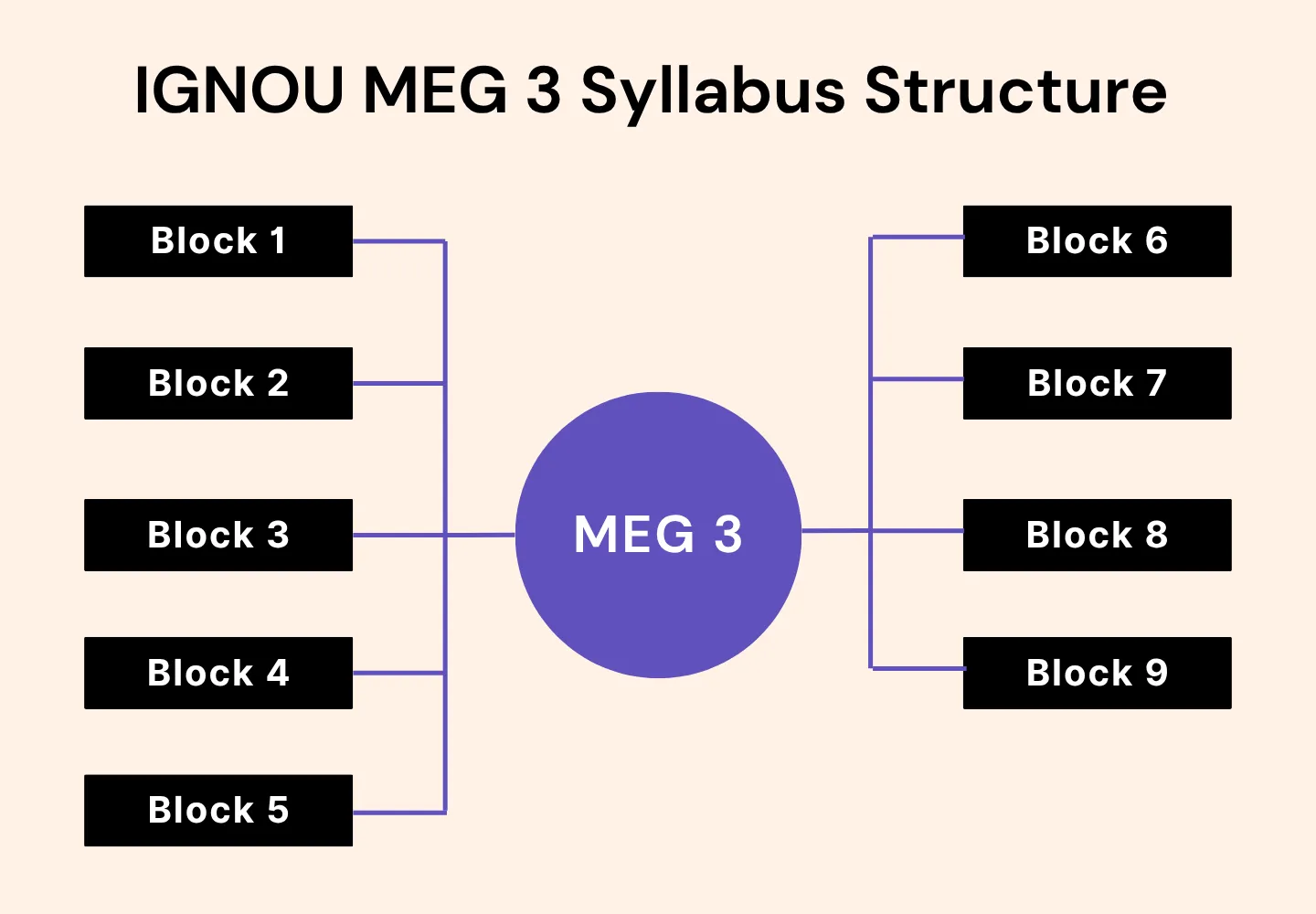 A flowchart illustrating the structure of the IGNOU MEG 3 syllabus. A central circle labelled 'MEG 3' is connected to nine boxes, labelled 'Block 1' through 'Block 9', showing the complete course structure.